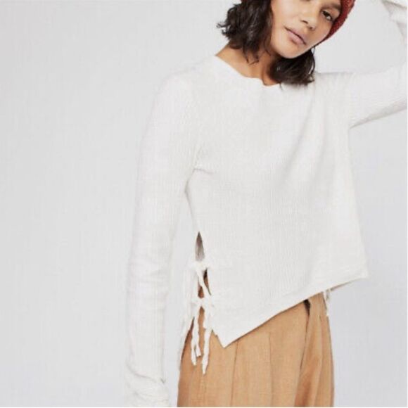Free People FP One Interlaken Side Tie White L/S Waffle Thermal Knit Top Sz XL - Picture 1 of 12